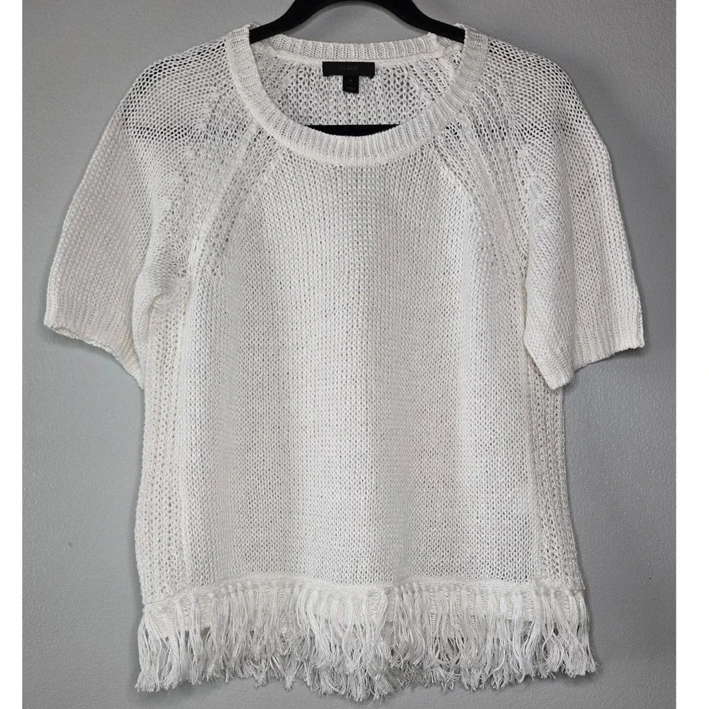 J.Crew 100% Linen Open Knit Fringe Hem Sweater Top White Small